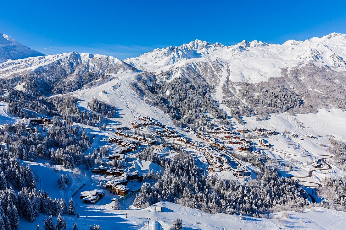 France, Savoie, Valmorel, Massif of the Vanoise, Tarentaise valley, view of the massif of La Lauziere and the Grand pic de la Lauziere (2829m) (aerial view)