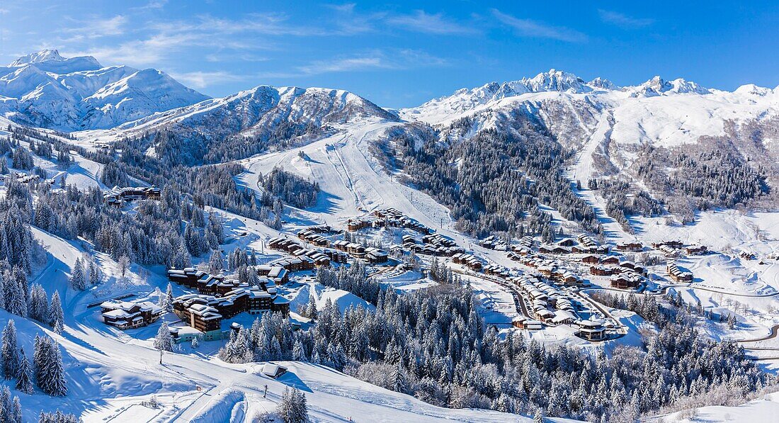 France, Savoie, Valmorel, Massif of the Vanoise, Tarentaise valley, view of the Cheval Noir (2832m) and the massif of La Lauziere and the Grand pic de la Lauziere (2829m) (aerial view)