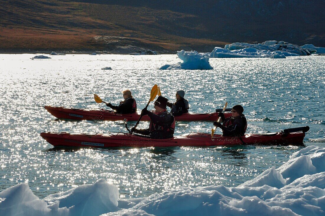 Greenland, west coast, Disko Bay, Quervain Bay, kayaks progressing among icebergs