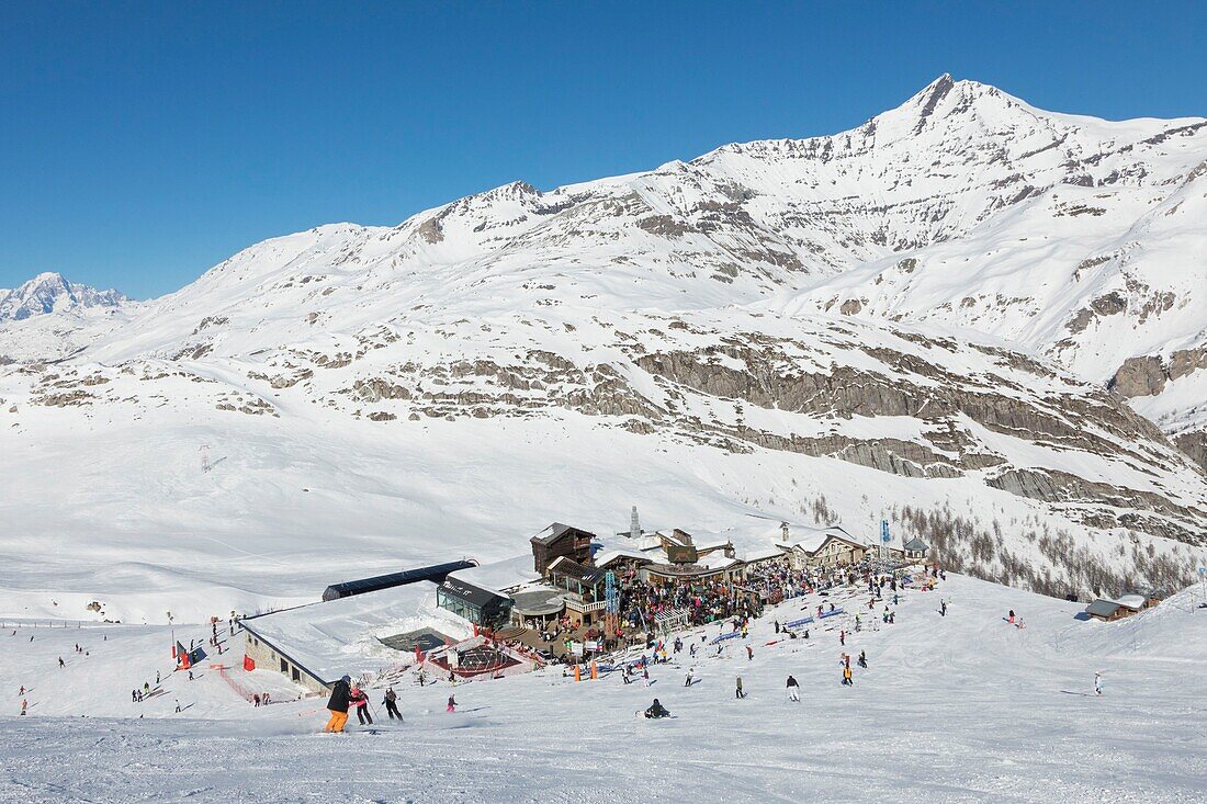 Frankreich, Savoyen, Vanoise-Massiv, Val d'Isere, Daille-Gondelbahn, La Folie Douce Ambiente-Bar