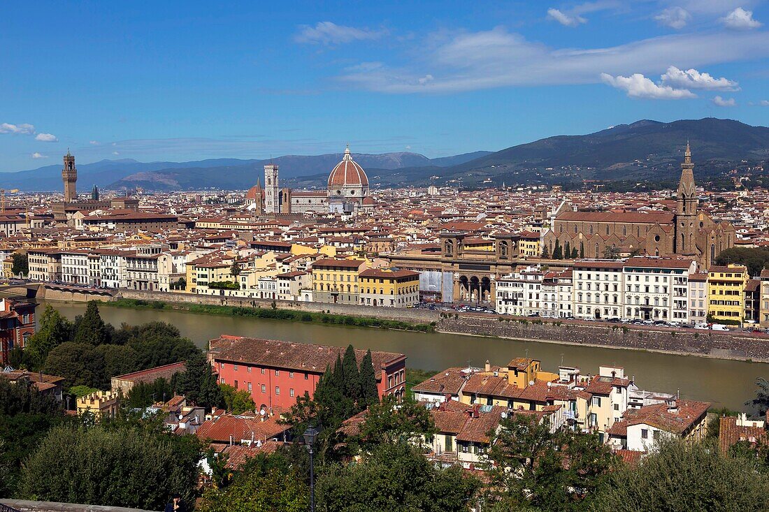 Italy, Tuscany, Florence, historic centre listed as World Heritage by UNESCO, Piazzale Michelangelo, general view of Florence