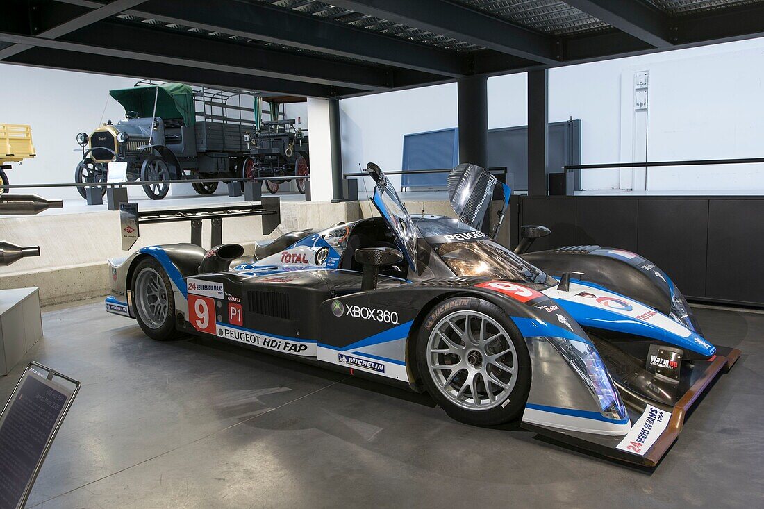 France, Doubs, Montbeliard, Sochaux, the museum of adventure Peugeot the car 908 HDI FAP engine v 12 diesel 5.5 liters 700 hp premiere at the 24 h of Le Mans in 2009