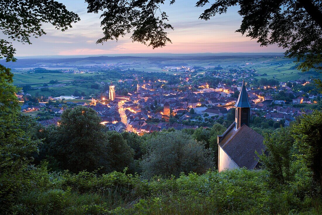 France, Jura, Arbois, general view from the belvedere of the Hermitage to the crepuscule