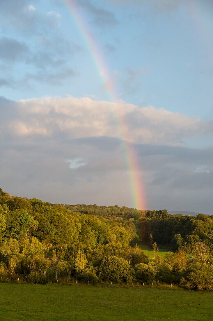 France, Jura, Arbois, rainbow after the storm on the trays intended for breeding