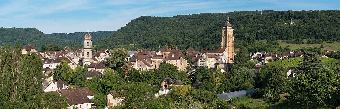 Frankreich, Jura, Arbois, Panoramablick auf die Stadt inmitten eines Weinbergs