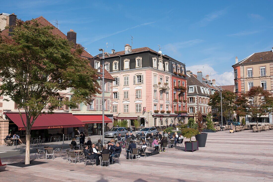 France, Territoire de Belfort, Belfort, the terraces of the bistrots on the pedestrian place d'armes