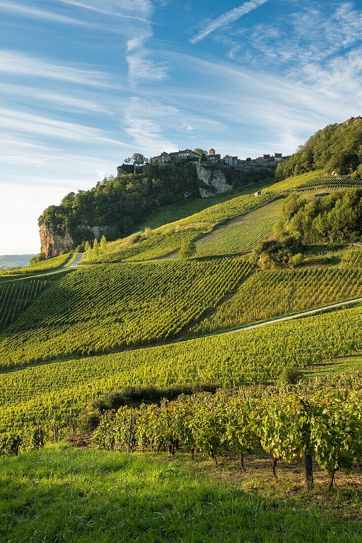 Frankreich, Jura, Chateau Chalon, Weinberge an den Hängen des Westens