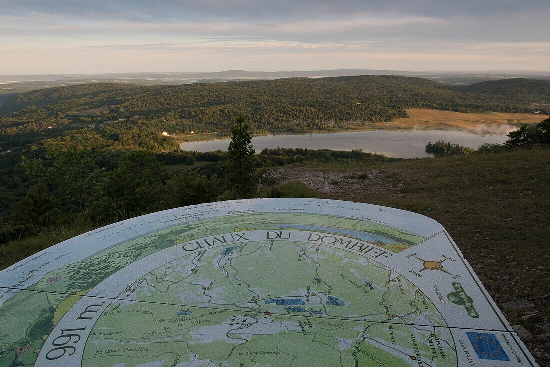 France, Jura, the site of four lakes, viewpoint indicator in the peak of the eagle and the lake of the Ilay