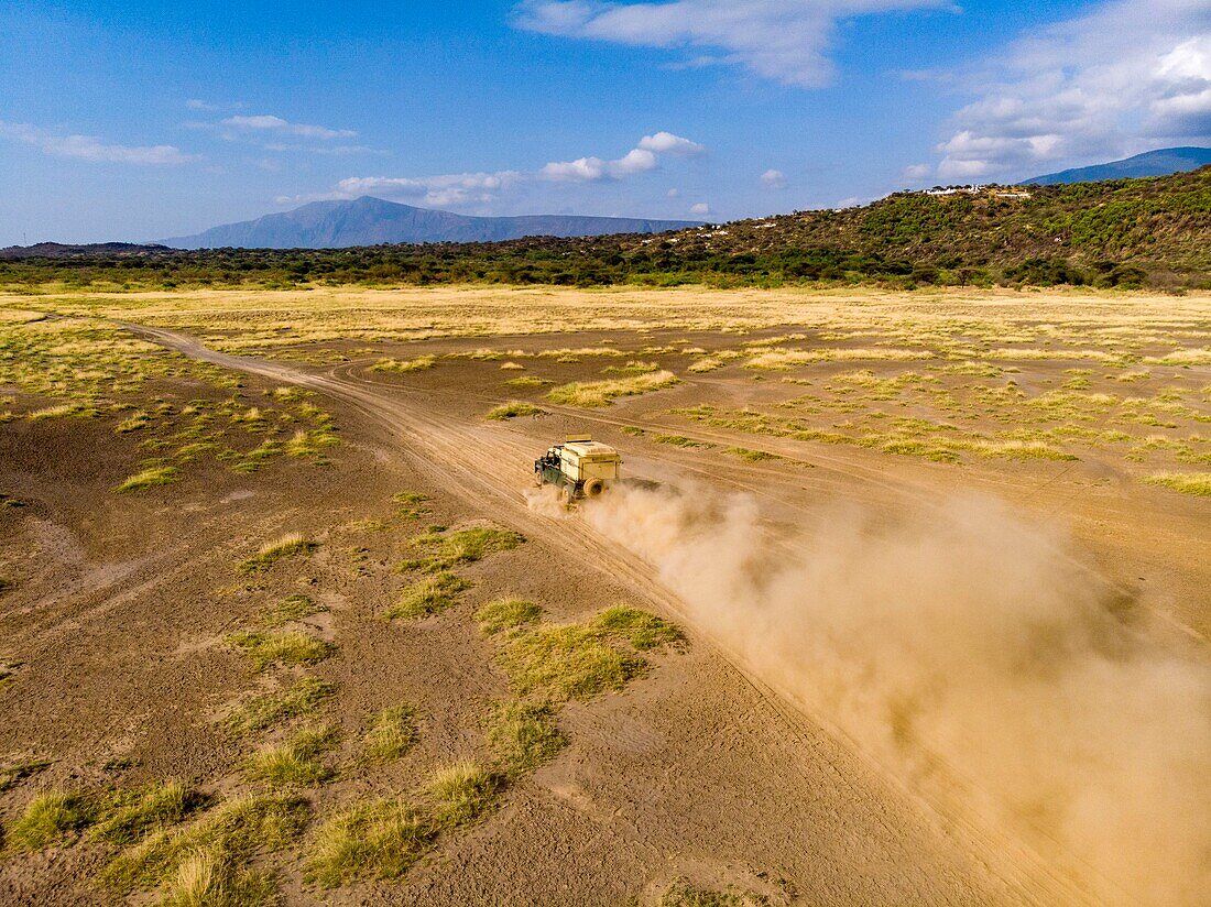 Kenya, lake Magadi, Michel Denis Huot's vehicle (aerial view)