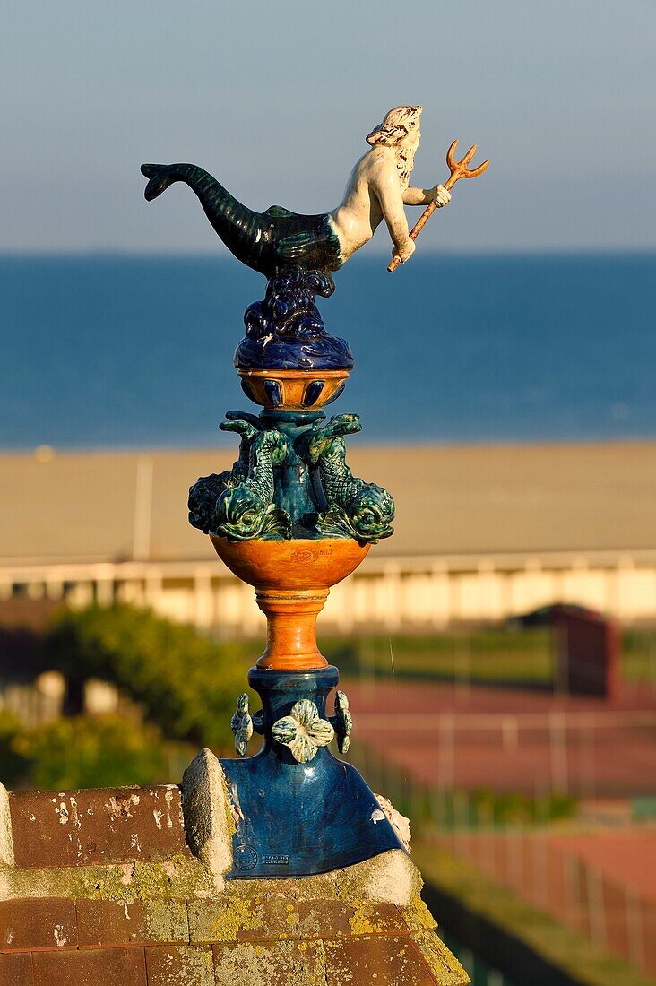 France, Calvados, Pays d'Auge, Deauville, Normandy Barriere Hotel, finial (hip-knob) representing Poseidon, typical on the rooftops of the Pays d'Auge