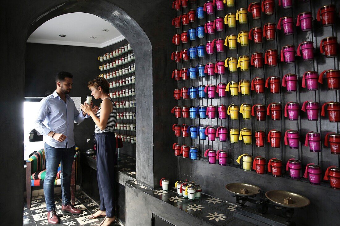 Morocco, Tangier Tetouan region, Tangier, colored candles in a shop of the Rûmi brand