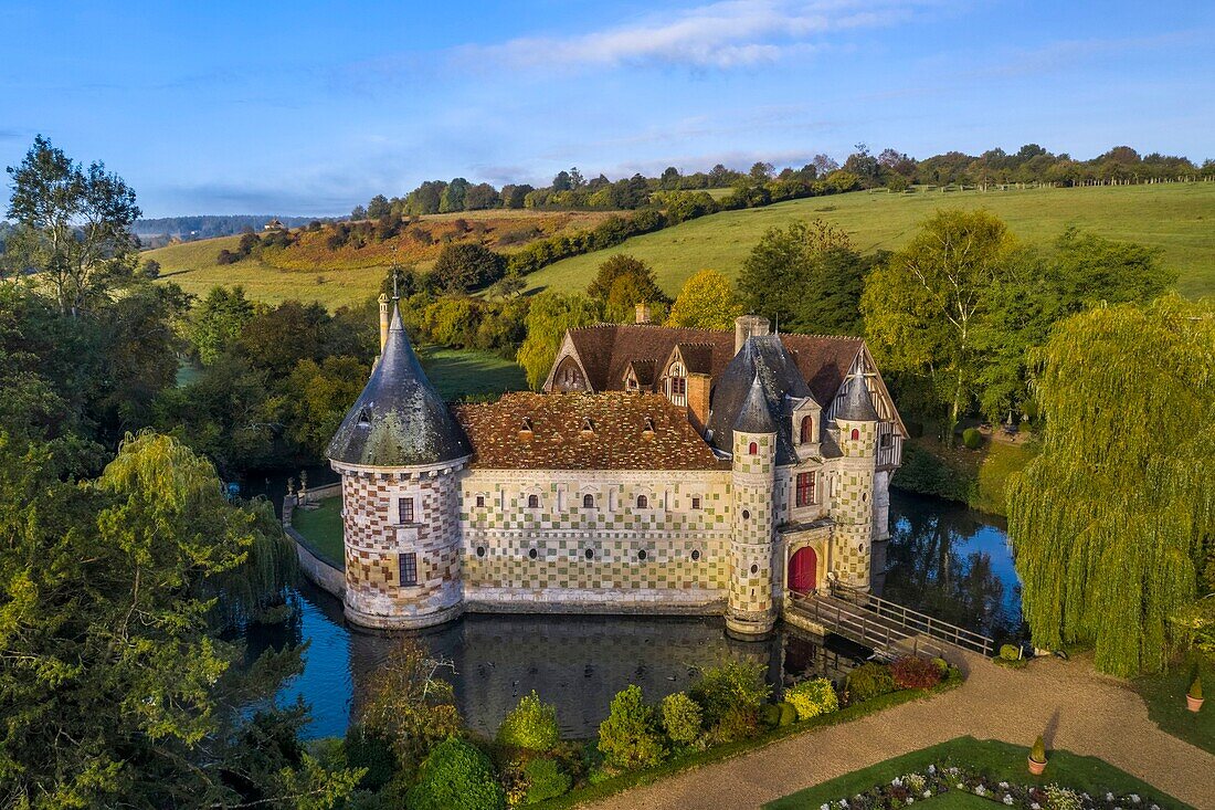 France, Calvados, Pays d'Auge, 15th and 16th century Saint Germain de Livet Castle labeled Museum of France (aerial view)