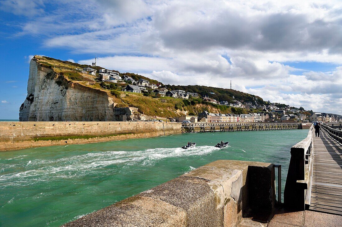 France, Seine Maritime, Pays de Caux, Cote d'Albatre, Fecamp, wooden footbridge at the entrance of the harbour and the Cap Fagnet in the background