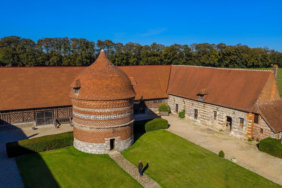 France, Seine Maritime, Cote d'Albatre (Alabaster Coast), Pays de Caux, Varengeville sur Mer, the Manoir d'Ango (Ango Manor) and its dovecote (aerial view)