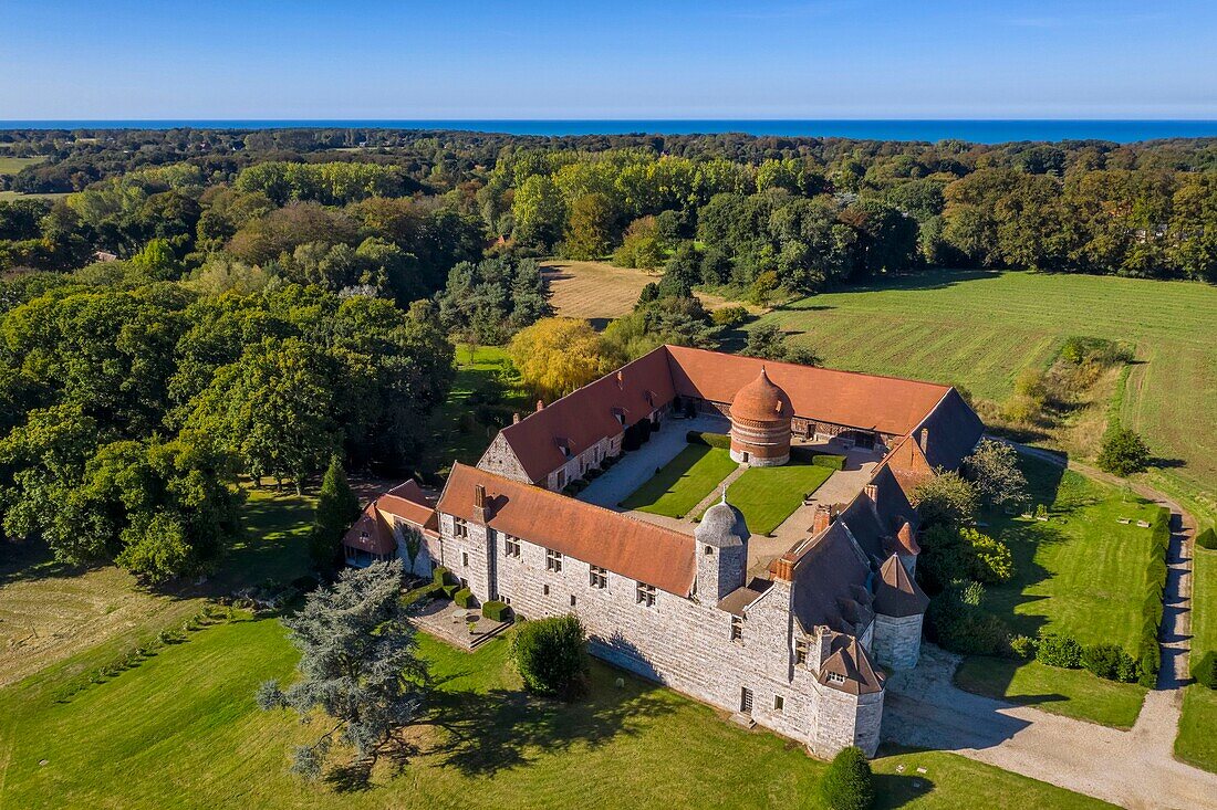 France, Seine Maritime, Cote d'Albatre (Alabaster Coast), Pays de Caux, Varengeville sur Mer, the Manoir d'Ango (Ango Manor) and its dovecote (aerial view)