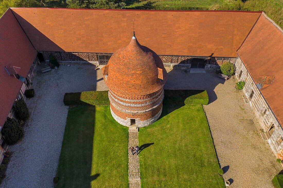 France, Seine Maritime, Cote d'Albatre (Alabaster Coast), Pays de Caux, Varengeville sur Mer, the Manoir d'Ango (Ango Manor) and its dovecote (aerial view)