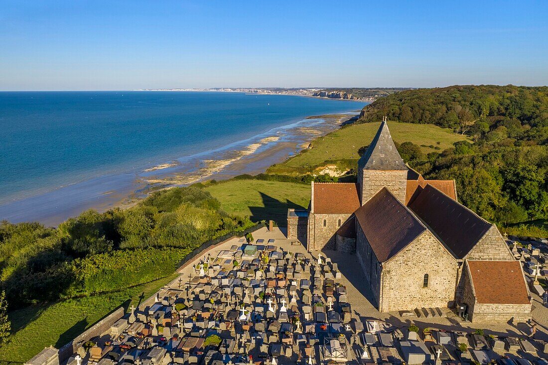 France, Seine-Maritime, Cote d'Albatre (Alabaster Coast), Pays de Caux, the Saint-Valery church of Varengeville-sur-Mer and its cemetery by the sea overlooking the cliffs of the Cote d'Albatre (Alabaster Coast) (aerial view)