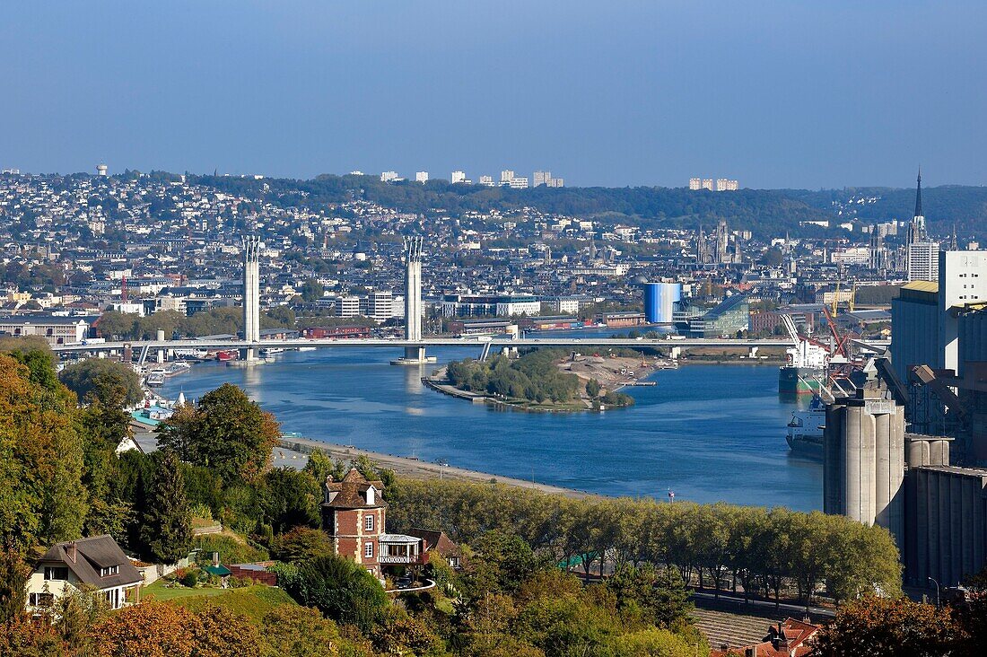 France, Seine Maritime, Rouen, Gustave Flaubert lift bridge over the Seine river and the port