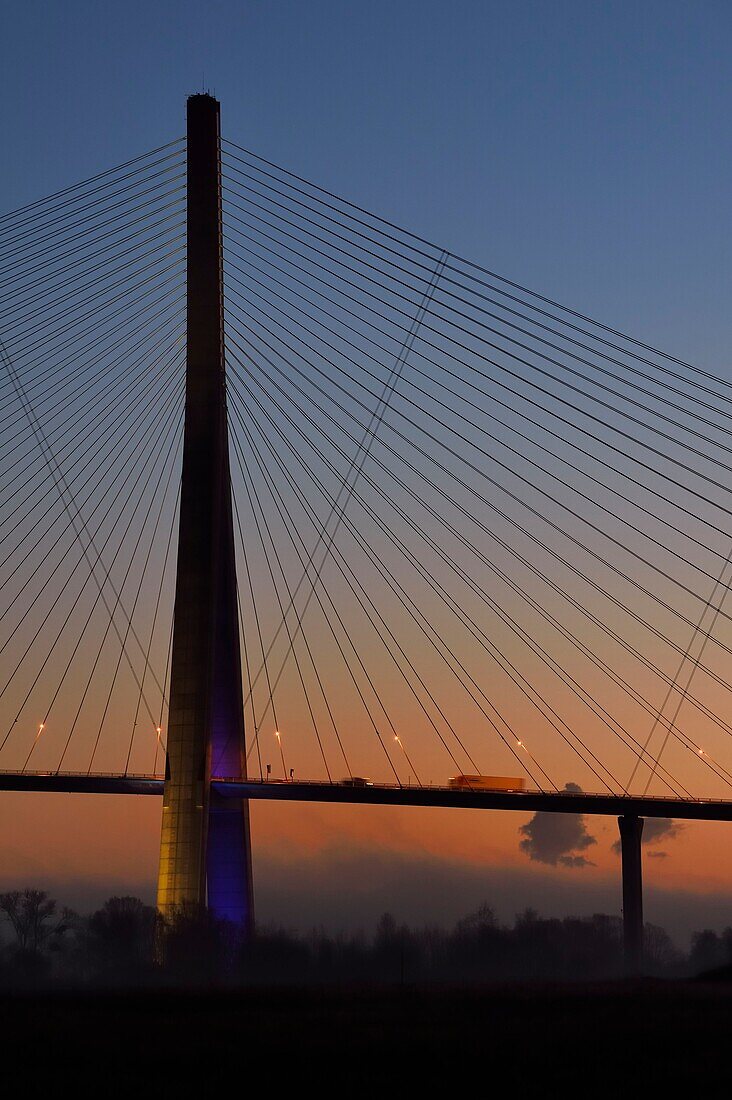 France, between Calvados and Seine Maritime, the Pont de Normandie (Normandy Bridge) at dawn, it spans the Seine to connect the towns of Honfleur and Le Havre