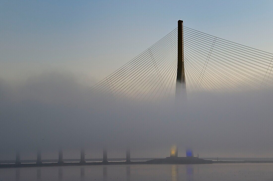 Frankreich, zwischen Calvados und Seine Maritime, die Pont de Normandie (Normandie-Brücke) im Morgengrauen, sie überspannt die Seine und verbindet die Städte Honfleur und Le Havre