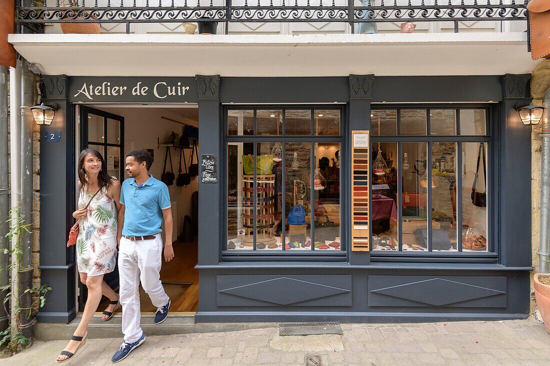 France, Morbihan, Josselin, craftsman the leather workshop in the village