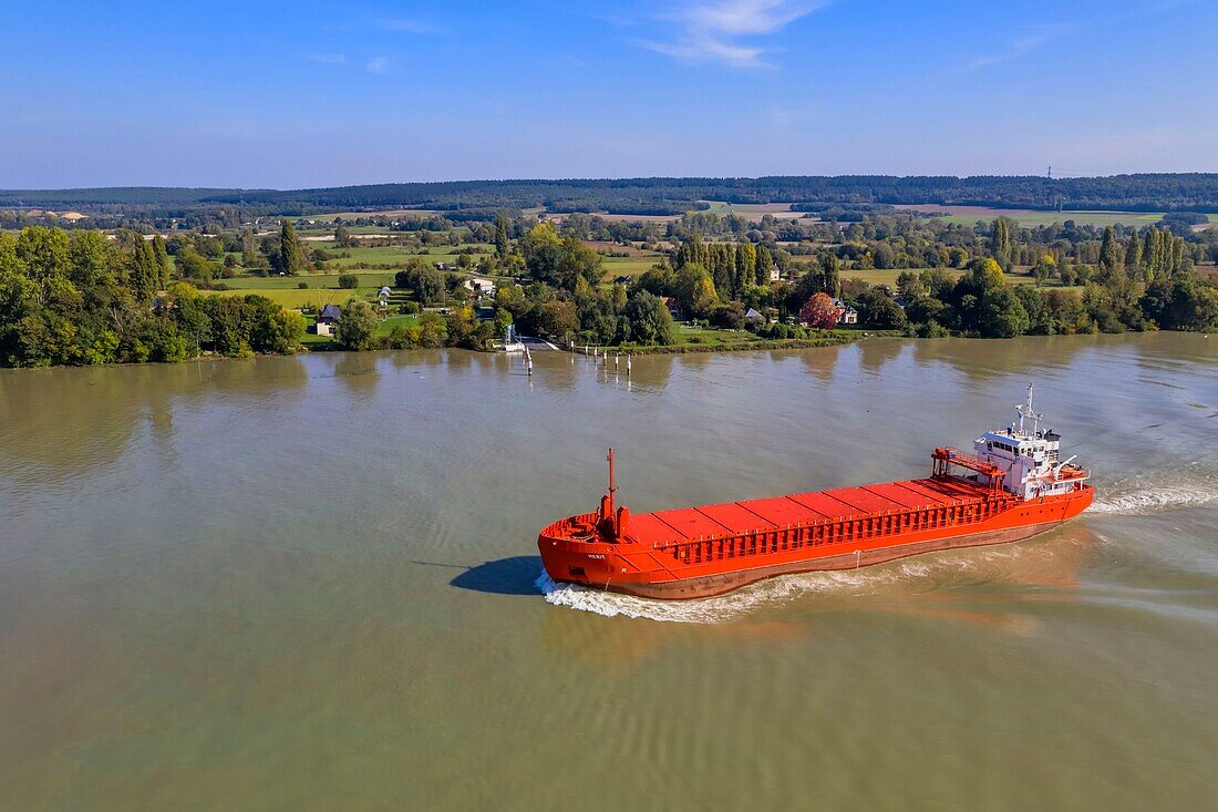 France, Seine-Maritime, Pays de Caux, Norman Seine River Meanders Regional Nature Park, the general cargo ship Merit going up the Seine at Mesnil sous Jumieges (aerial view)
