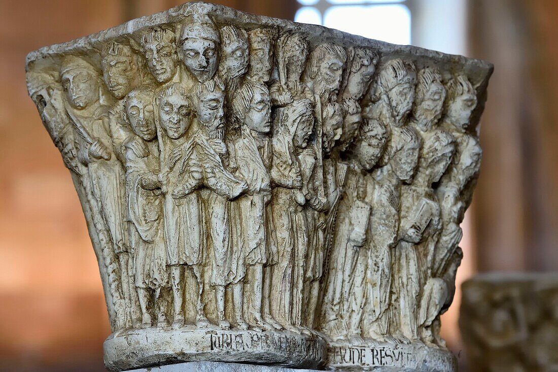 France, Seine-Maritime, Saint Martin de Boscherville, Saint-Georges de Boscherville Abbey of the 12th century, capital of the Entry of Christ in Jerusalem in the chapter room