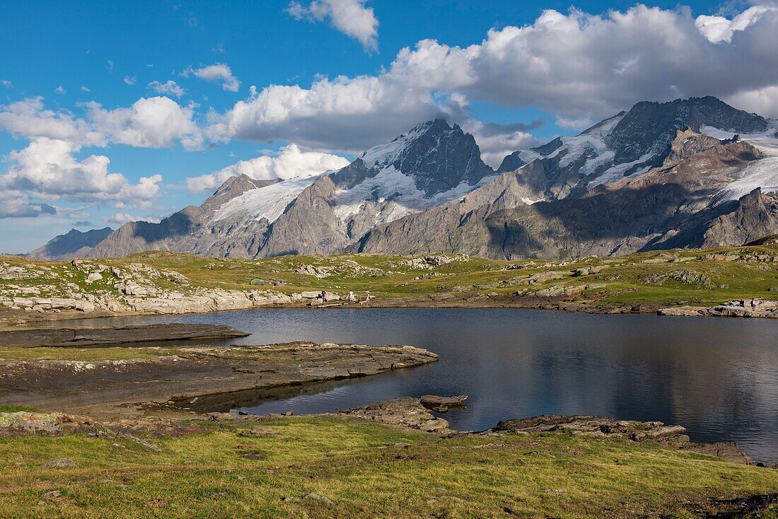 France, Hautes Alpes, la Grave, on the plateau of Emparis the Black Lake facing the massif of Meije