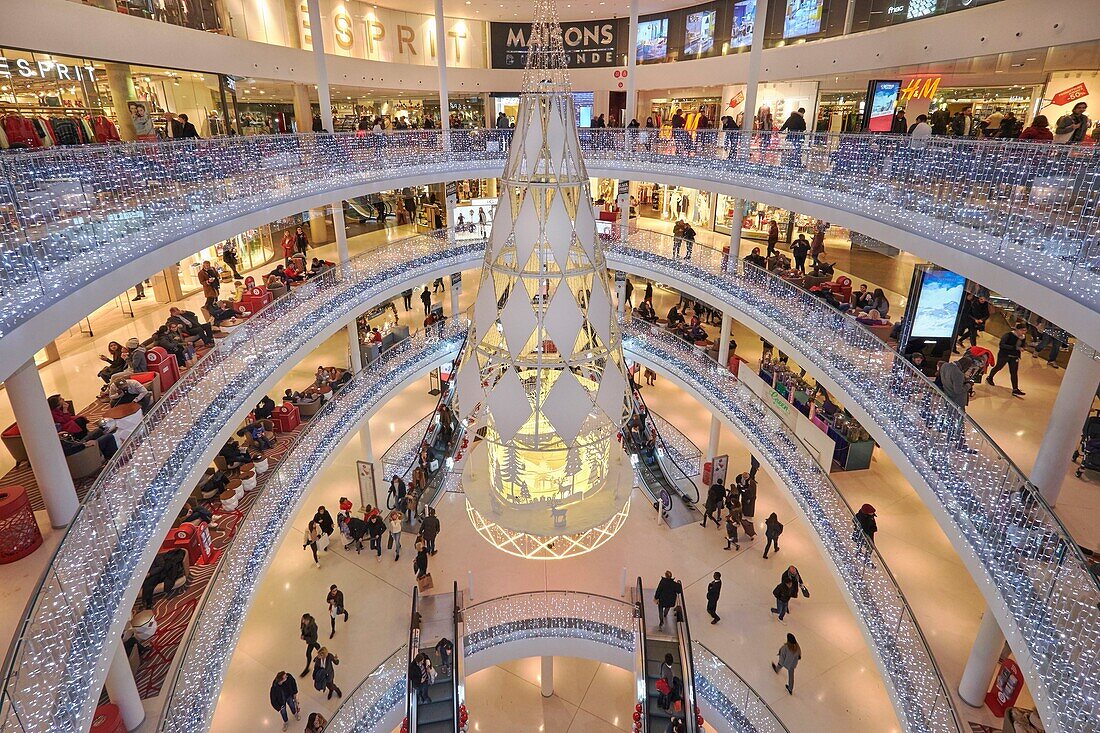 France, Paris, Front de Seine district, Inside the Beaugrenelle shopping center by Valode and Pistre architects, Christmas lights