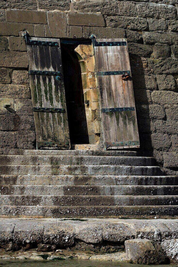 France, Gironde, Verdon sur Mer, rocky plateau of Cordouan, lighthouse of Cordouan, listed as Monument Historique, access door closed during high tides