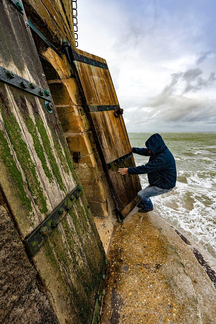 France, Gironde, Verdon sur Mer, rocky plateau of Cordouan, lighthouse of Cordouan, listed as Monument Historique, access door closed during high tides