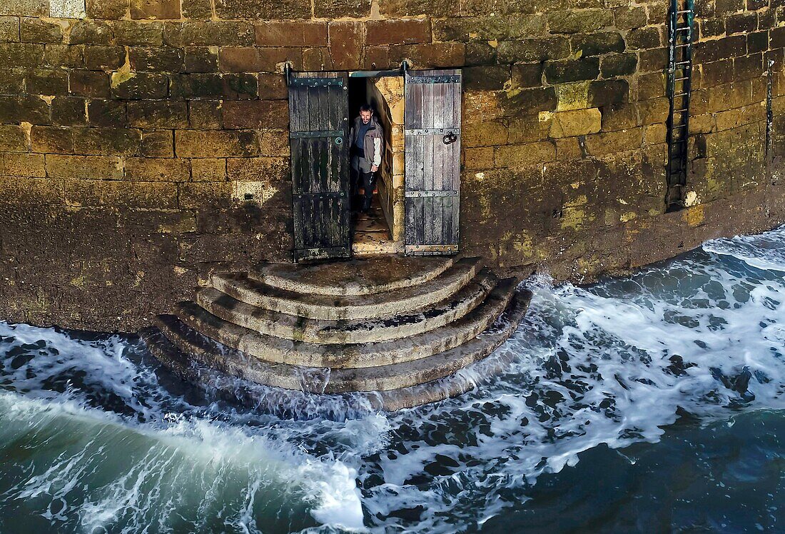 France, Gironde, Verdon sur Mer, rocky plateau of Cordouan, lighthouse of Cordouan, listed as World Heritage by UNESCO, access door closed during high tides