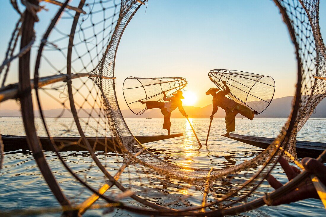 Myanmar (Burma), Shan State, Inle Lake, Intha fishermen with their conical net