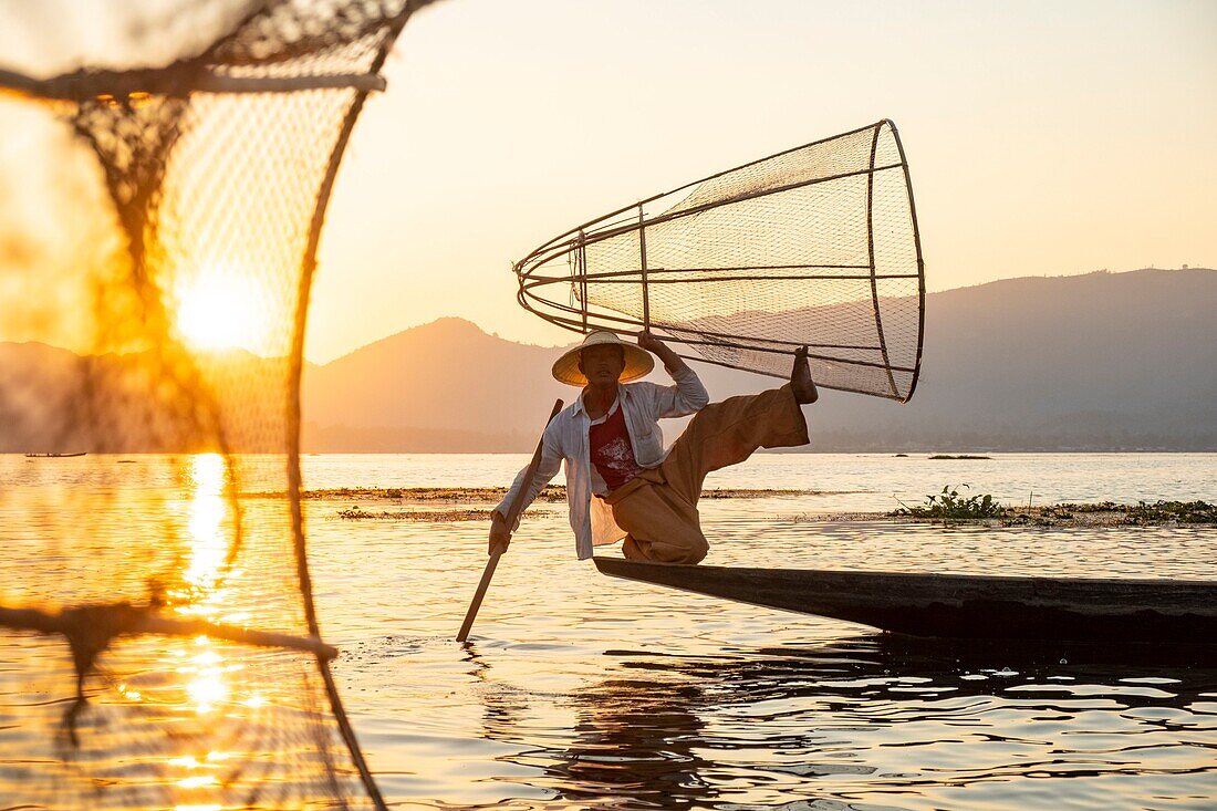 Myanmar (Burma), Shan State, Inle Lake, Intha fishermen with their conical net