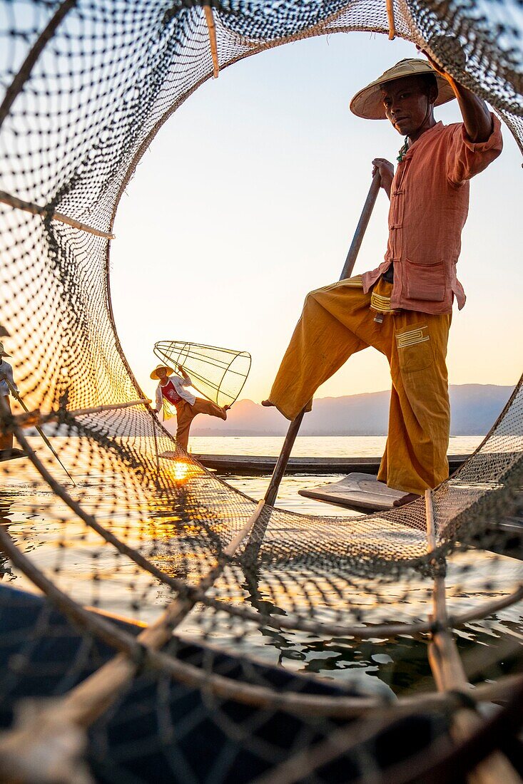 Myanmar (Burma), Shan State, Inle Lake, Intha fishermen with their conical net