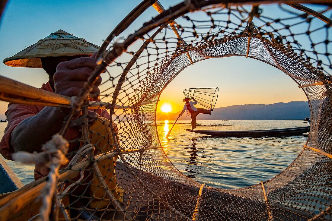 Myanmar (Burma), Shan State, Inle Lake, Intha fishermen with their conical net