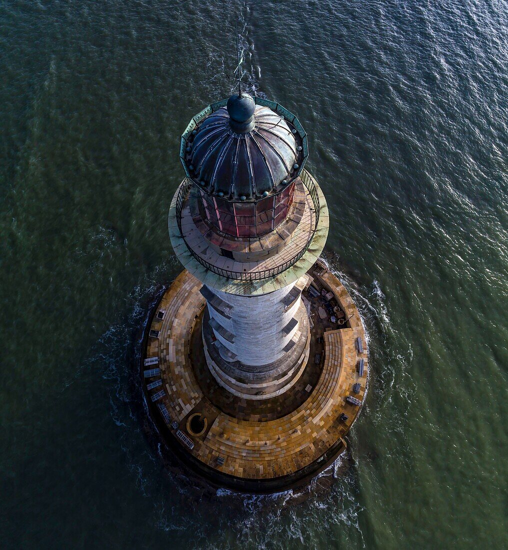 France, Gironde, Verdon sur Mer, rocky plateau of Cordouan, lighthouse of Cordouan, listed as Monument Historique, general view at high tide (aerial view)