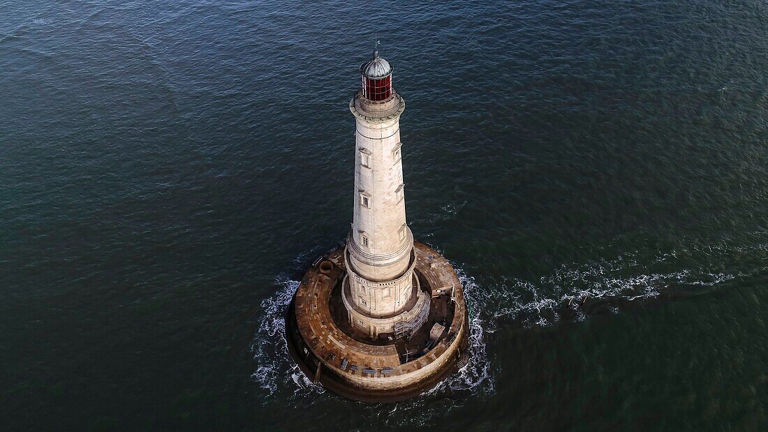 France, Gironde, Verdon sur Mer, rocky plateau of Cordouan, lighthouse of Cordouan, listed as Monument Historique, general view at high tide (aerial view)