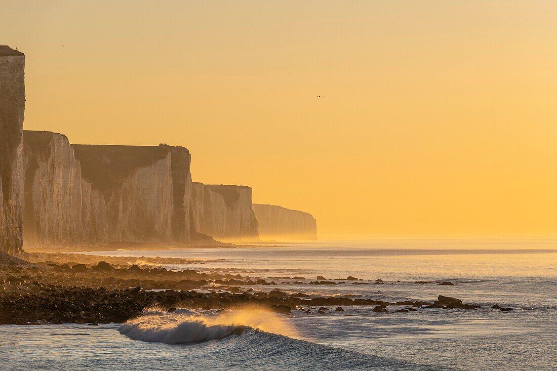 France, Somme, Picardy Coast, Ault, twilight at the foot of the cliffs that stretch towards Le Tréport and Normandy