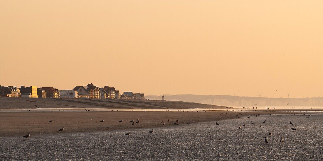 Frankreich, Somme, Baie de Somme, La Mollière d'Aval, Cayeux-sur-Mer, Cayeux-sur-Mer vom Strand bei Sonnenuntergang