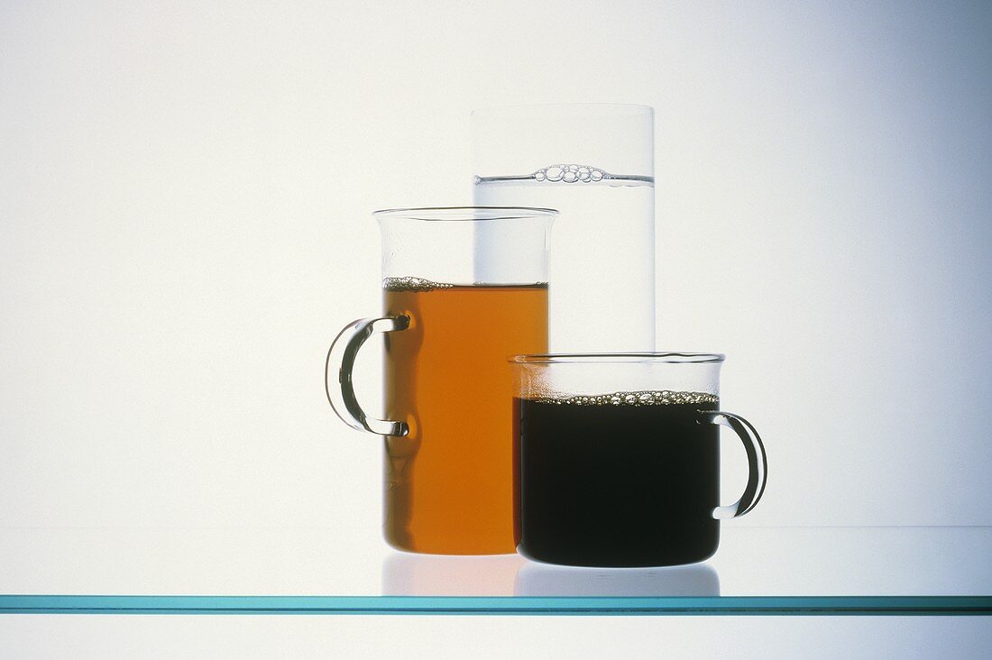 Coffee, tea and water in glasses