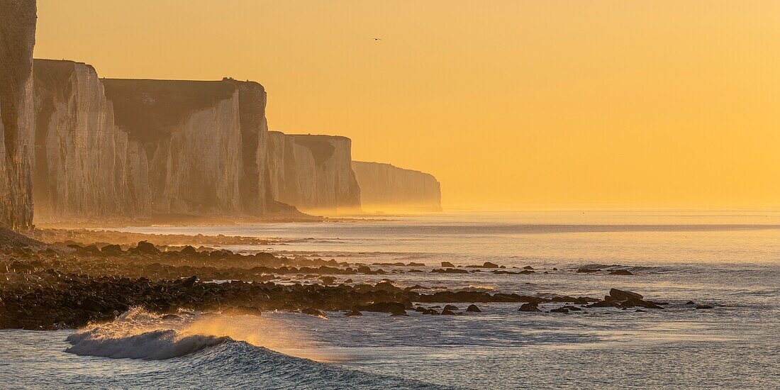 France, Somme, Picardy Coast, Ault, twilight at the foot of the cliffs that stretch towards Le Tréport and Normandy