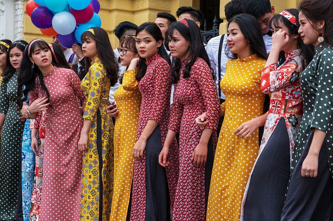 Vietnam, Red River Delta, Hanoi, Vietnamese high school girls in gala dress
