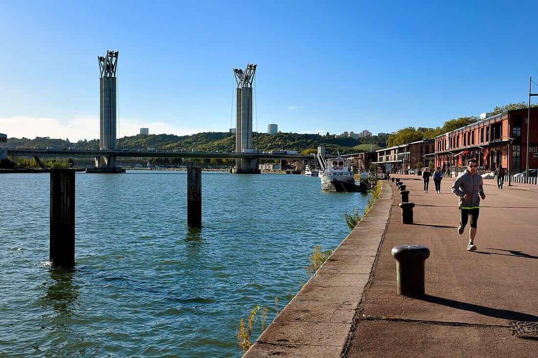 France, Seine Maritime, Rouen, Gustave Flaubert lift bridge over the Seine river and the embankments