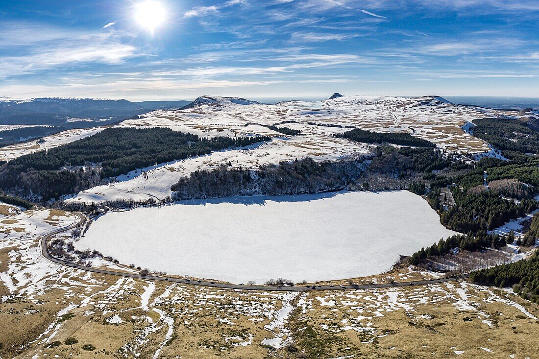 France, Puy de Dome, Mont Dore, Regional Natural Park of the Auvergne Volcanoes, Monts Dore, Guery lake (aerial view)