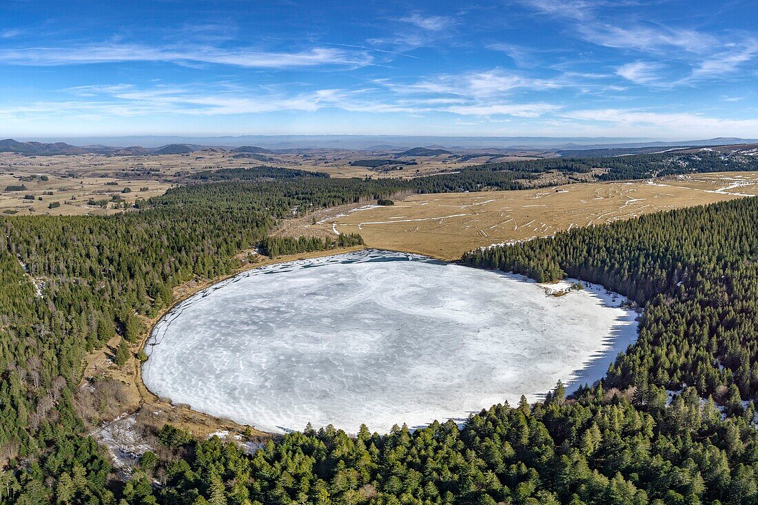 France, Puy de Dome, Orcival, Regional Natural Park of the Auvergne Volcanoes, Monts Dore, Servièress lake, volcanic maar lake (aerial view)