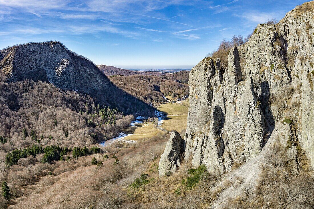 France, Puy de Dome, Orcival, Regional Natural Park of the Auvergne Volcanoes, Monts Dore, Sanadoire rock, volcanic pipes (aerial view)