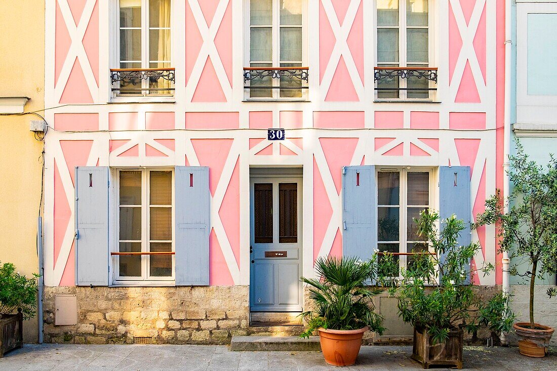France, Paris, district of Quinze Vingts, rue Cremieux is a pedestrian and paved street, lined with small pavilions with colorful facades
