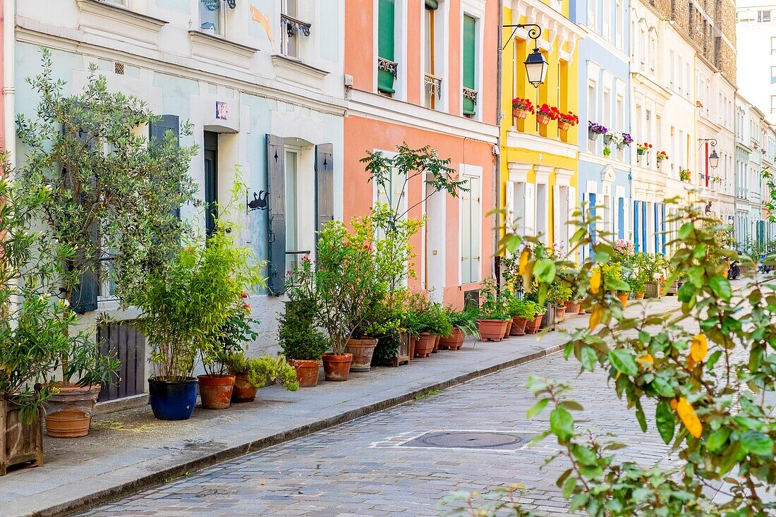 Frankreich, Paris, Stadtteil Quinze Vingts, die Rue Cremieux ist eine Fußgängerzone und gepflastert, gesäumt von kleinen Pavillons mit bunten Fassaden