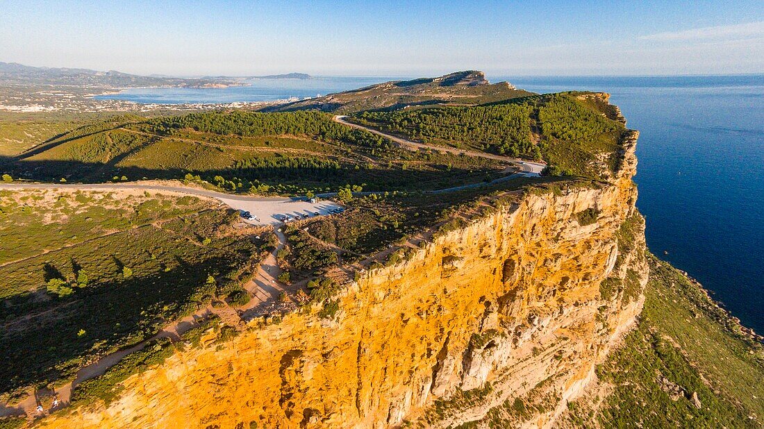 France, Bouches du Rhone, Cassis, Calanques National Park, the Cap Canaille the highest maritime cliff in Europe between La Ciotat and Cassis (aerial view)